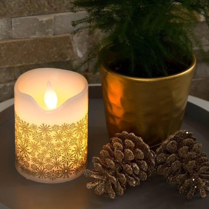 Bougie à LED en cire blanche avec flocons de neige dorés, 15 cm
