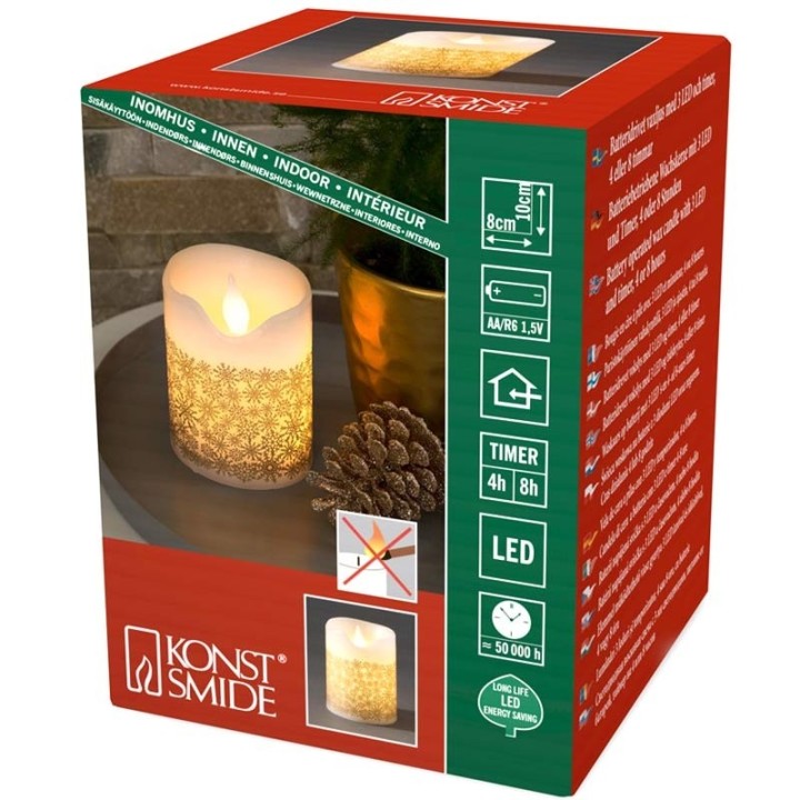 Bougie à LED en cire blanche avec flocons de neige dorés, 15 cm
