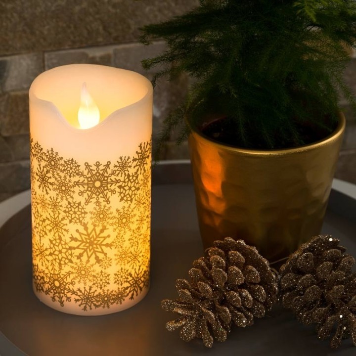 Bougie à LED en cire blanche avec flocons de neige dorés, 15 cm
