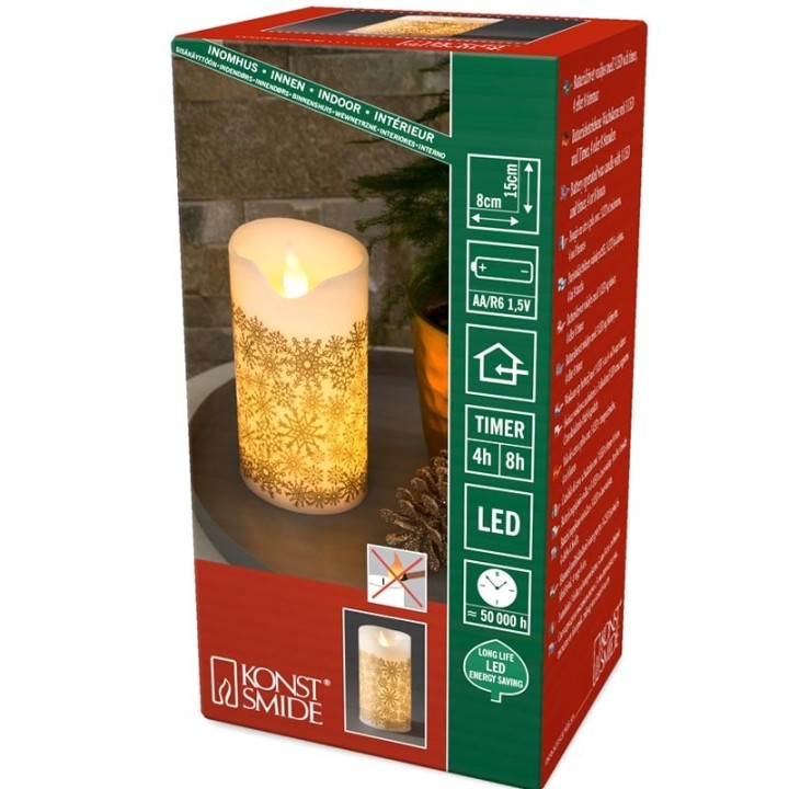 Bougie à LED en cire blanche avec flocons de neige dorés, 15 cm