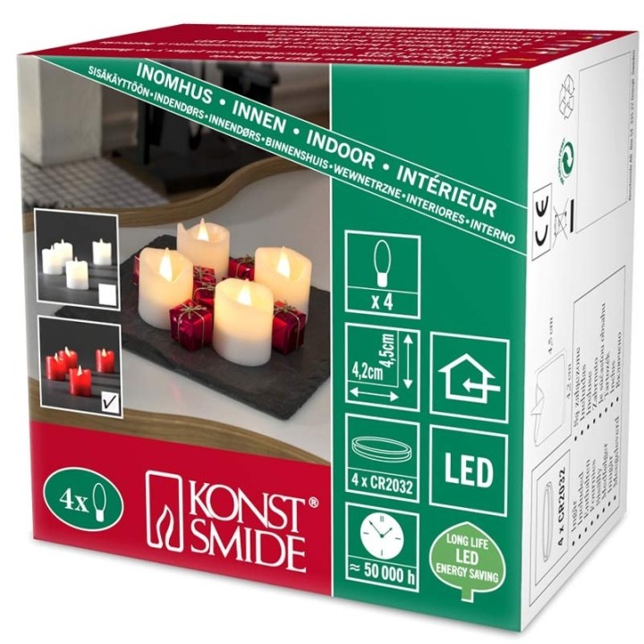 4 bougies LED en cire, rouge, 4,5 cm