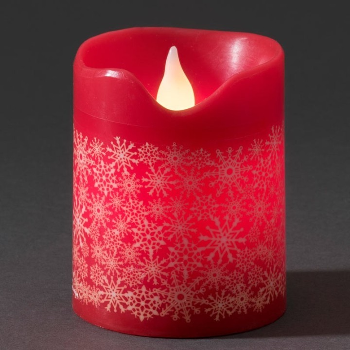 Bougie à LED en cire rouge avec flocons de neige dorés, 10 cm