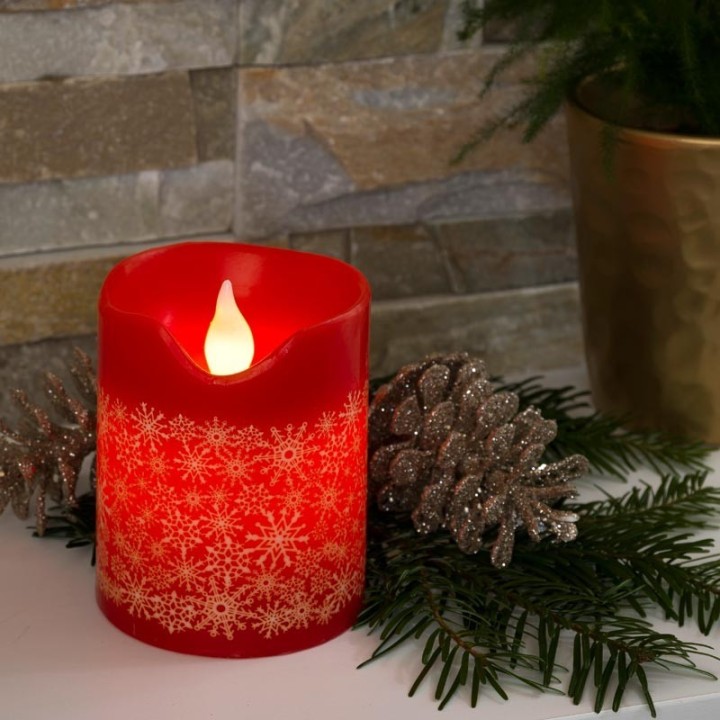 Bougie à LED en cire rouge avec flocons de neige dorés, 10 cm
