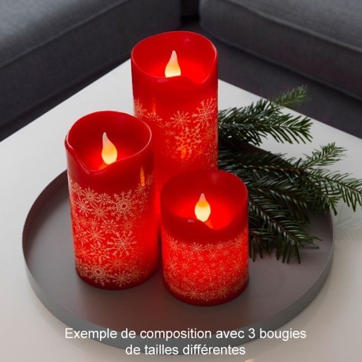 Bougie à LED en cire rouge avec flocons de neige dorés, 10 cm