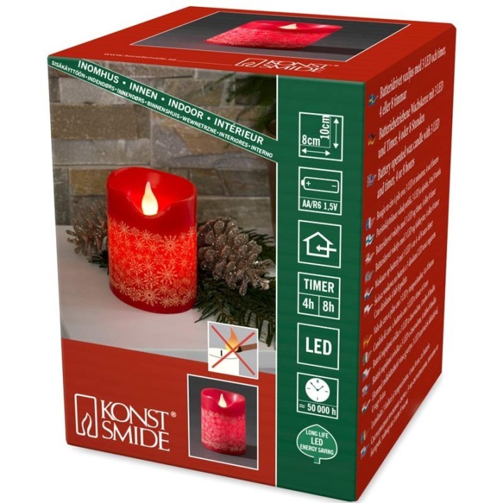 Bougie à LED en cire rouge avec flocons de neige dorés, 10 cm