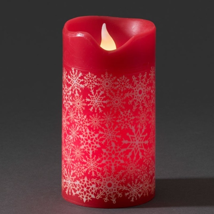 Bougie à LED en cire rouge avec flocons de neige dorés, 15 cm