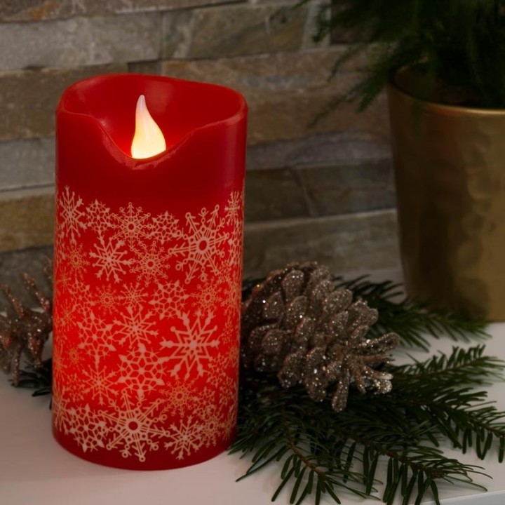 Bougie à LED en cire rouge avec flocons de neige dorés, 15 cm