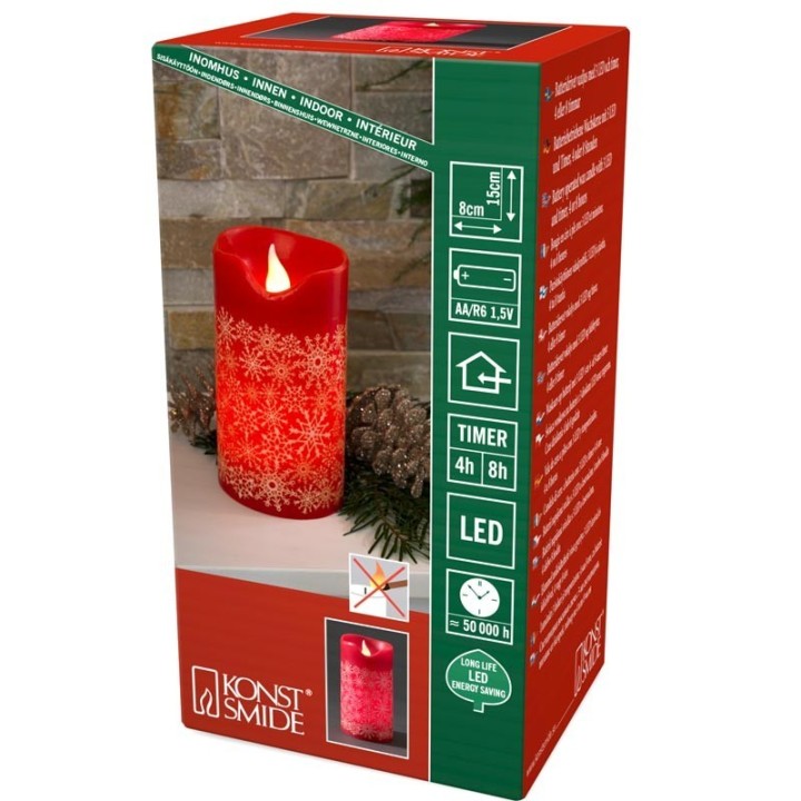Bougie à LED en cire rouge avec flocons de neige dorés, 15 cm