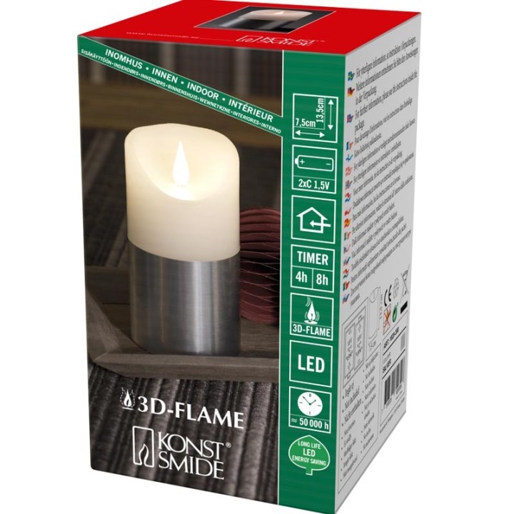 Bougie LED à flamme vacillante aspect cire, 13,5 cm, bague couleur argent
