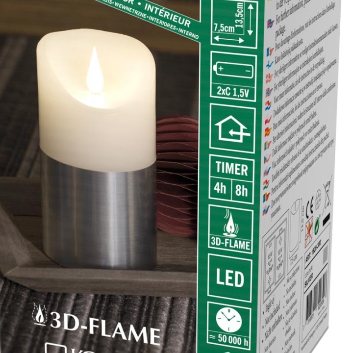 Bougie LED à flamme vacillante aspect cire, 13,5 cm, bague couleur argent