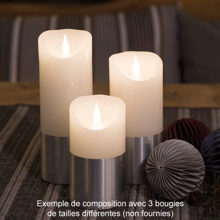 Bougie LED à flamme vacillante aspect cire, 15,5 cm, bague couleur argent