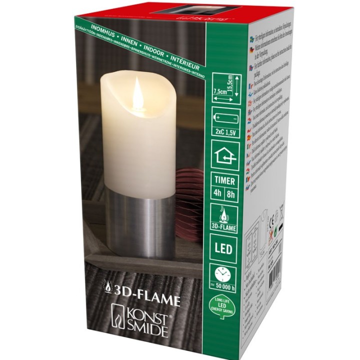Bougie LED à flamme vacillante aspect cire, 15,5 cm, bague couleur argent