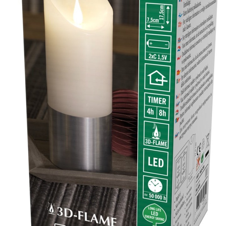 Bougie LED à flamme vacillante aspect cire, 17,5 cm, bague couleur argent