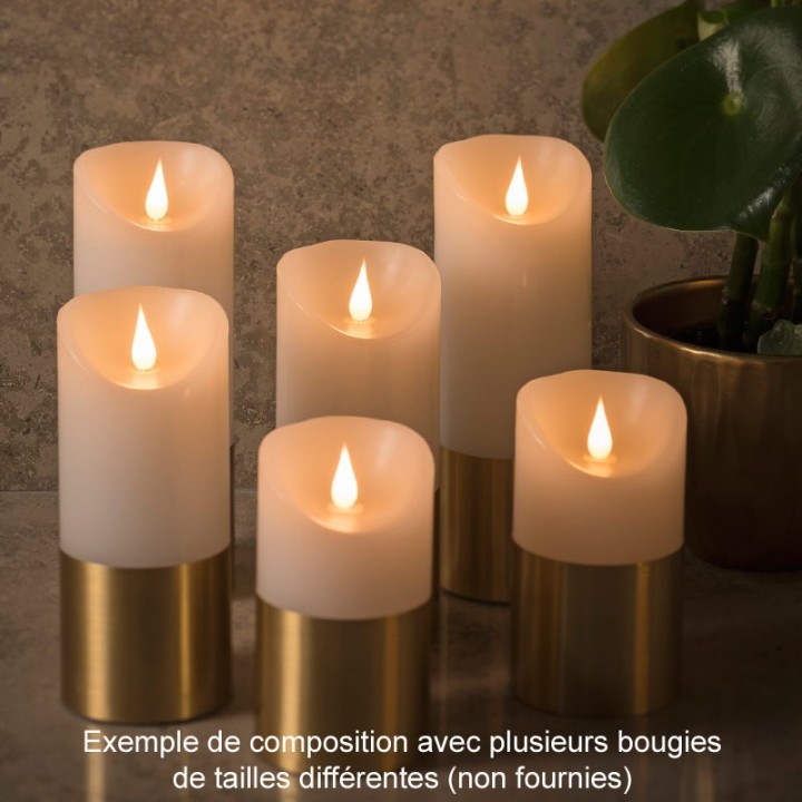 Bougie LED à flamme vacillante aspect cire, 13,5 cm, bague couleur laiton