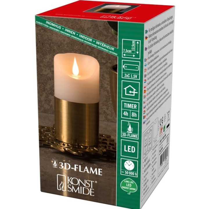 Bougie LED à flamme vacillante aspect cire, 13,5 cm, bague couleur laiton