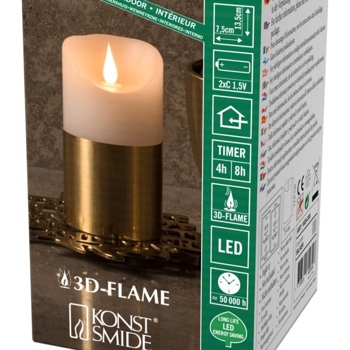 Bougie LED à flamme vacillante aspect cire, 13,5 cm, bague couleur laiton