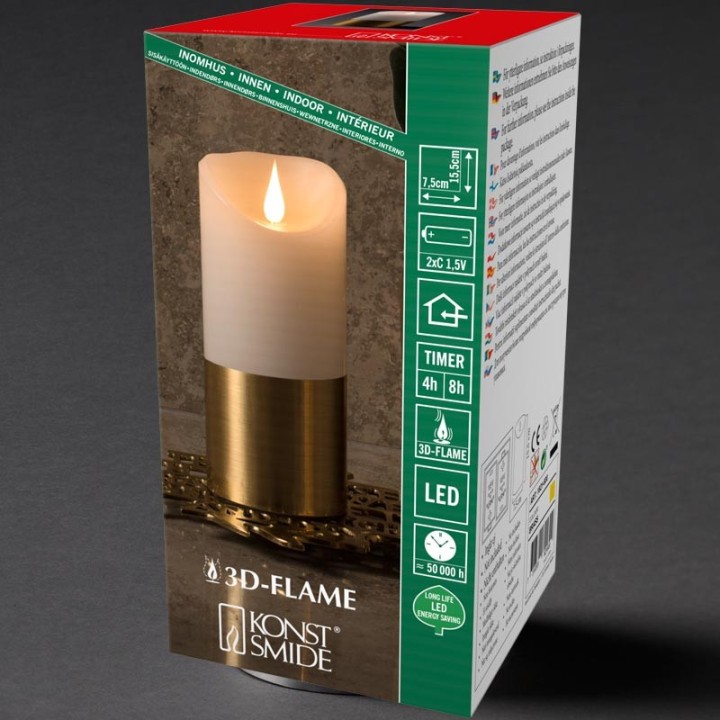 Bougie LED à flamme vacillante aspect cire, 15,5 cm, bague couleur laiton