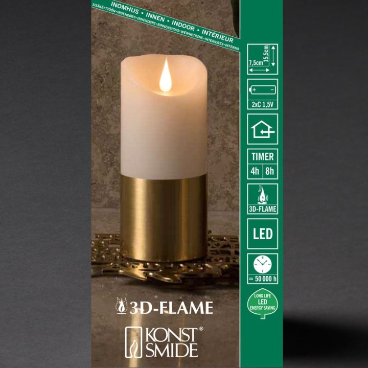 Bougie LED à flamme vacillante aspect cire, 15,5 cm, bague couleur laiton