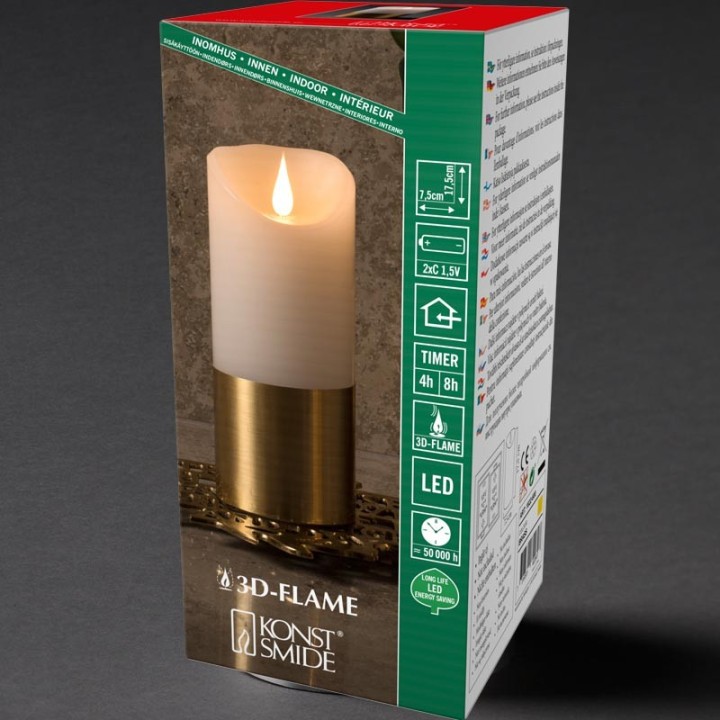 Bougie LED à flamme vacillante aspect cire, 17,5 cm, bague couleur laiton