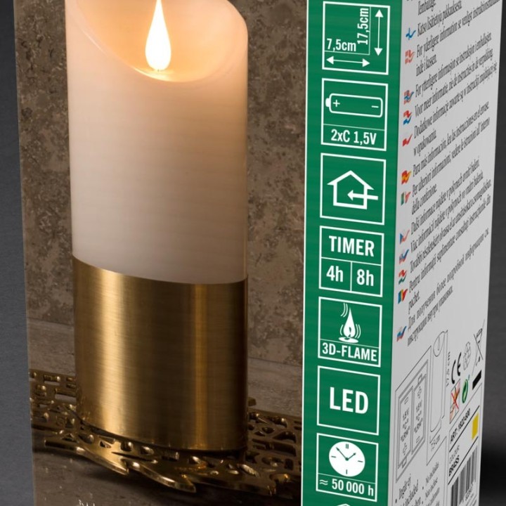 Bougie LED à flamme vacillante aspect cire, 17,5 cm, bague couleur laiton