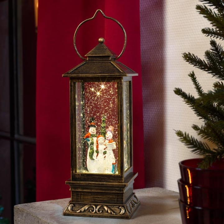 Lanterne à neige à LED avec bonhommes de neige, 27 cm