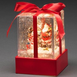 Lanterne à neige "Cadeau de Noël" avec Père Noël & bonhomme de neige