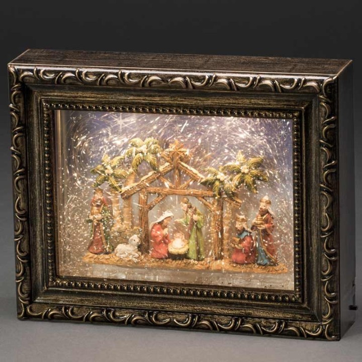 Crèche de Noël lumineuse, effet neige