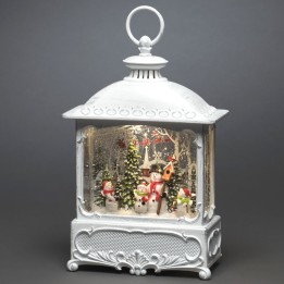 Lanterne de Noël blanche, 4 bonshommes de neige avec oiseaux