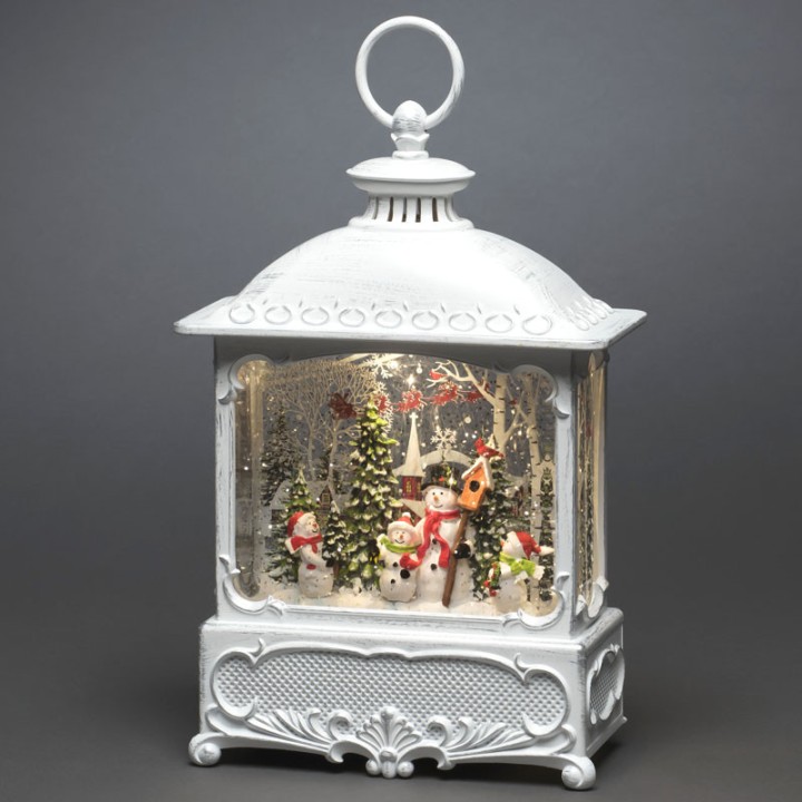 Lanterne de Noël blanche, 4 bonshommes de neige avec oiseaux