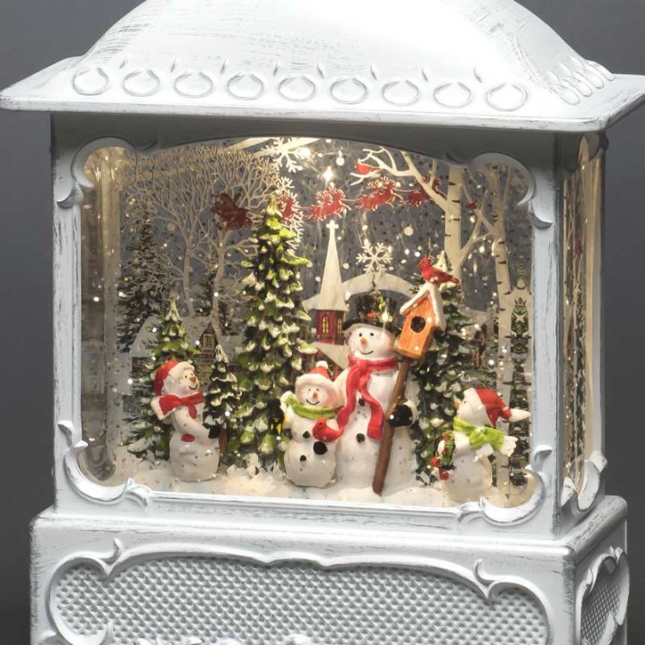 Lanterne de Noël blanche, 4 bonshommes de neige avec oiseaux