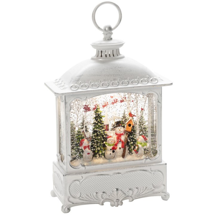 Lanterne de Noël blanche, 4 bonshommes de neige avec oiseaux