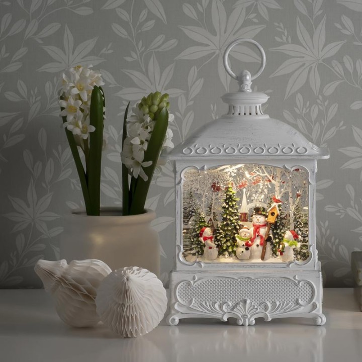 Lanterne de Noël blanche, 4 bonshommes de neige avec oiseaux