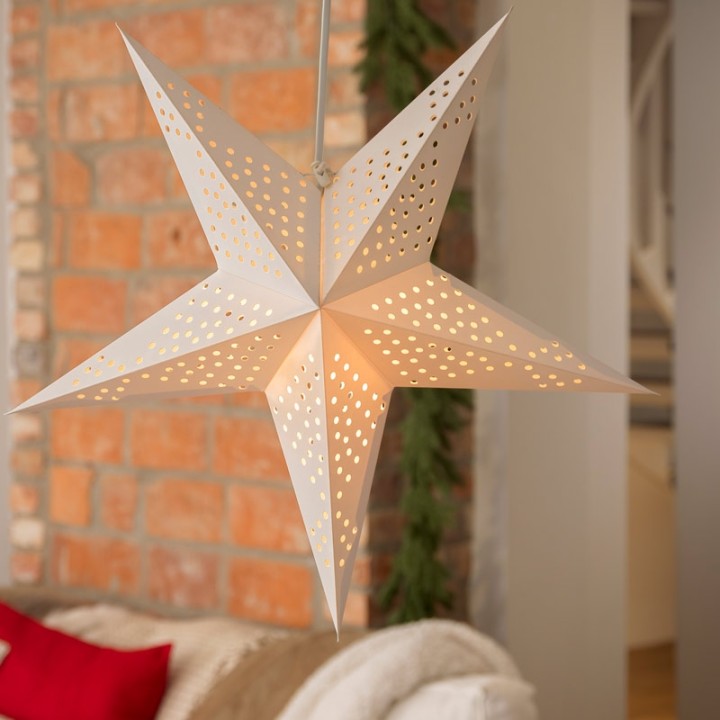 Étoile lumineuse électrique 5 branches en papier, à suspendre, blanche, 52 cm