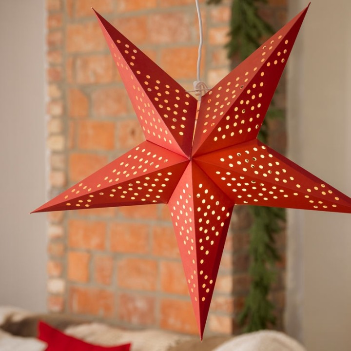 Étoile lumineuse électrique 5 branches en papier, à suspendre, rouge, 52 cm