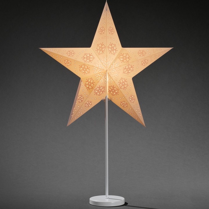 Étoile lumineuse électrique 5 branches en papier, blanche, sur pied laiton, 46 cm