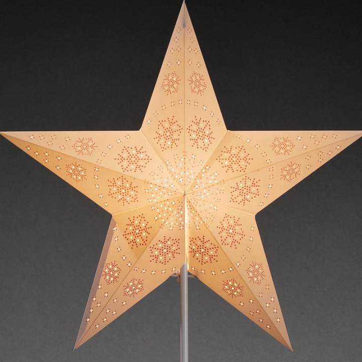 Étoile lumineuse électrique 5 branches en papier, blanche, sur pied laiton, 46 cm