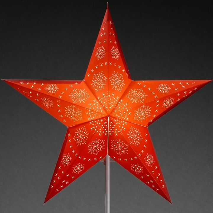 Étoile lumineuse électrique 5 branches en papier, rouge, sur pied laiton, 46 cm