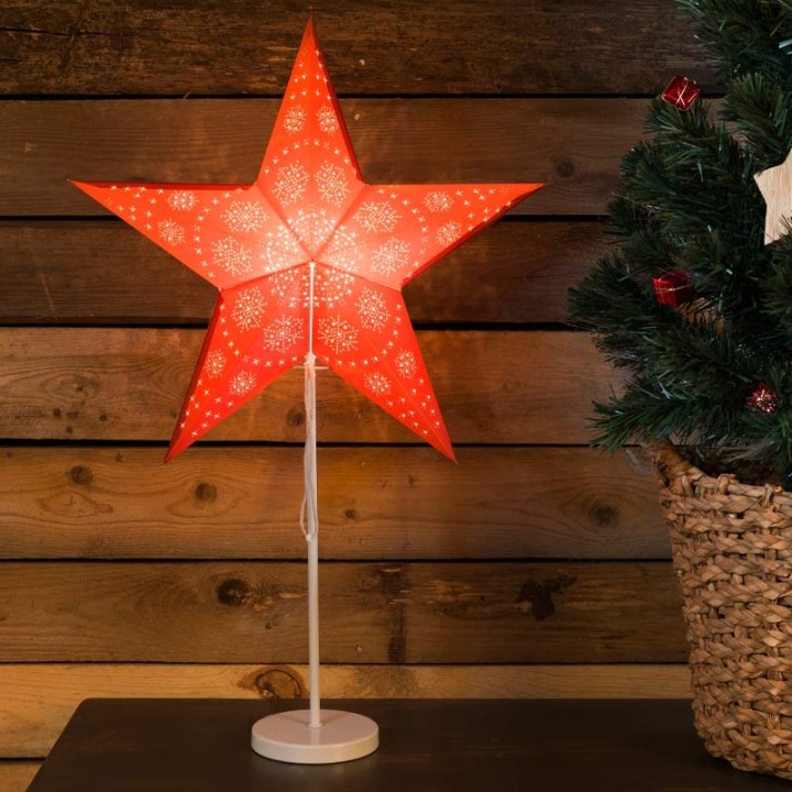 Étoile lumineuse électrique 5 branches en papier, rouge, sur pied laiton, 46 cm