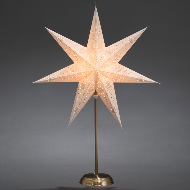 Étoile lumineuse électrique 7 branches en papier, blanche, sur pied laiton, 48 cm
