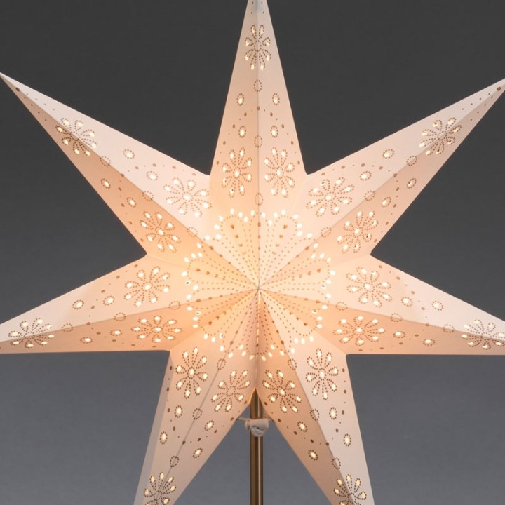 Étoile lumineuse électrique 7 branches en papier, blanche, sur pied laiton, 48 cm