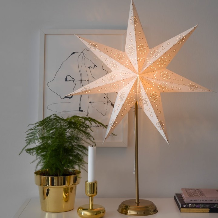 Étoile lumineuse électrique 7 branches en papier, blanche, sur pied laiton, 48 cm