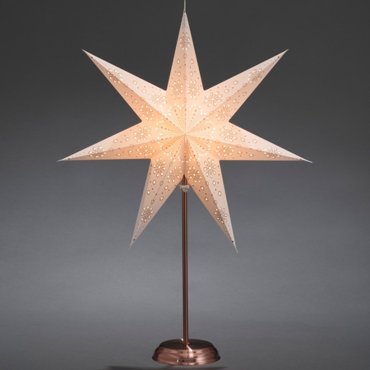 Étoile lumineuse électrique 7 branches en papier, blanche, sur pied cuivré 48 cm