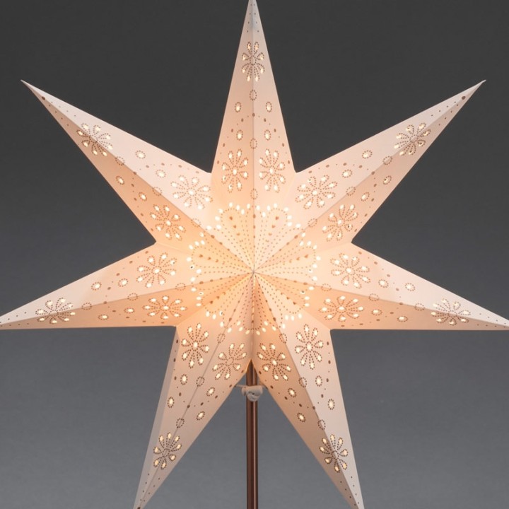 Étoile lumineuse électrique 7 branches en papier, blanche, sur pied cuivré 48 cm