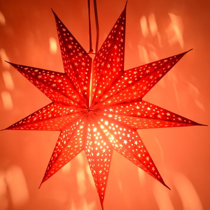 Étoile lumineuse électrique 5 branches en papier, à suspendre, rouge, 52 cm