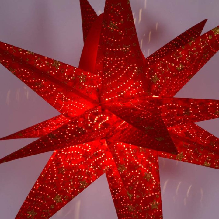 Étoile lumineuse électrique 9 branches en papier, à suspendre, rouge, 45 cm