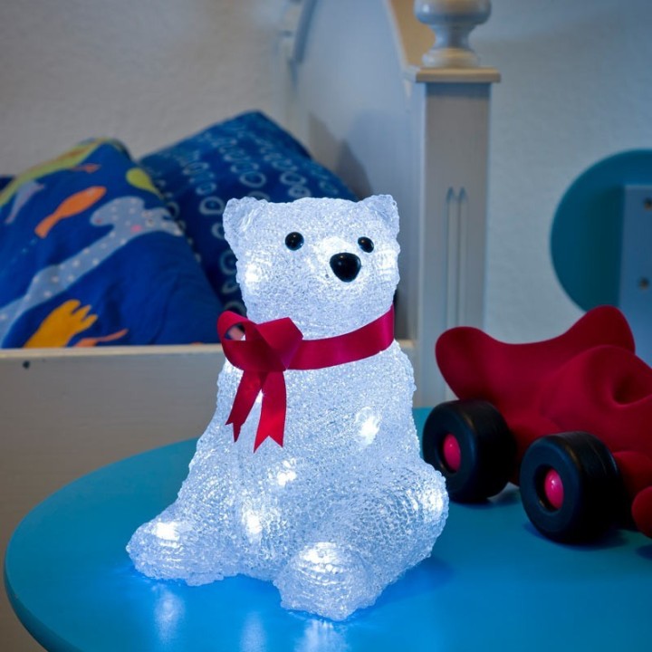 Ours lumineux à LED en acrylique avec ruban rouge, 18 cm