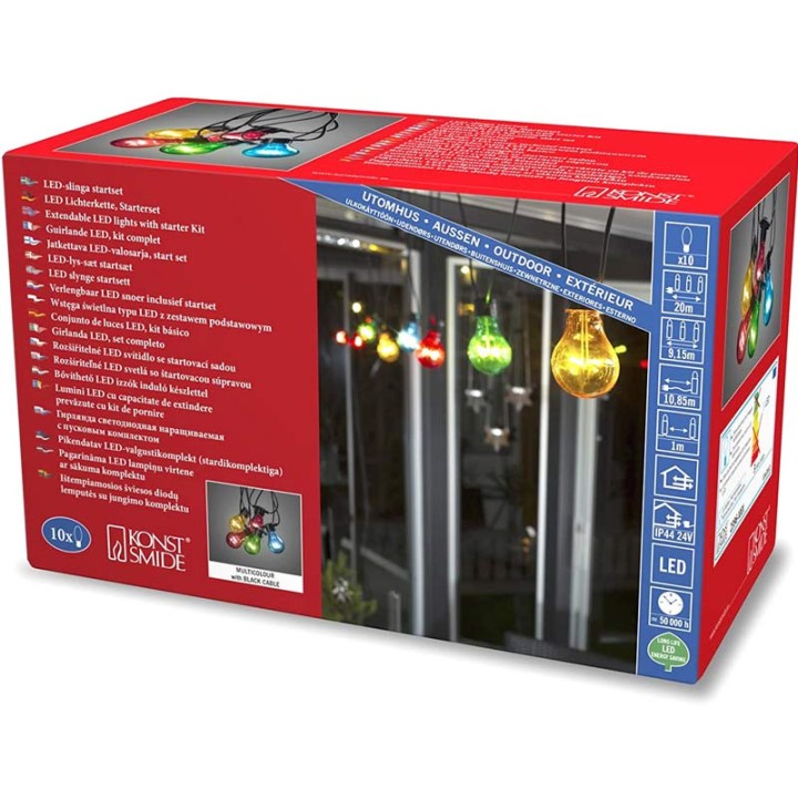 Guirlande lumineuse de terrasse 10 m extensible, 10 ampoules multicolores