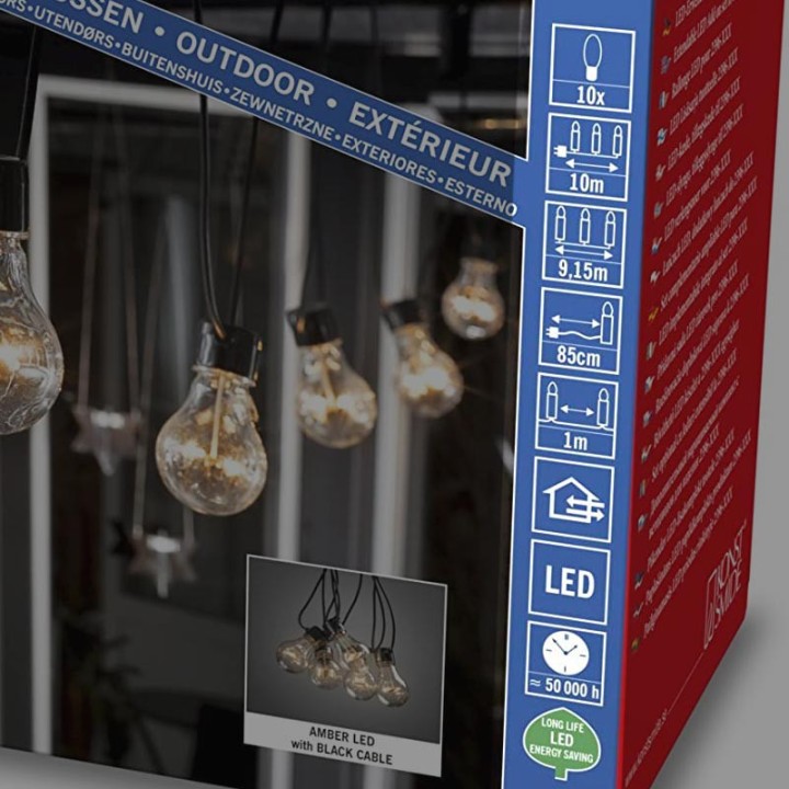 Rallonge 10 m pour guirlande lumineuse de terrasse, 10 ampoules ambrées