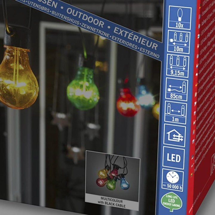 Rallonge 10 m pour guirlande lumineuse de terrasse, 10 ampoules multicolores