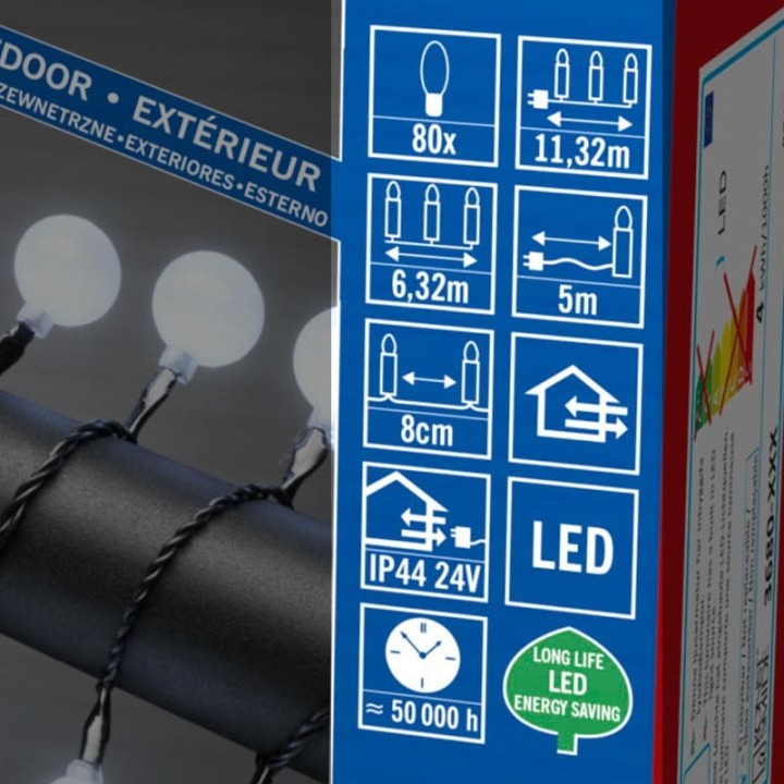 Guirlande lumineuse extérieure à LED, 80 diodes rondes blanc froid